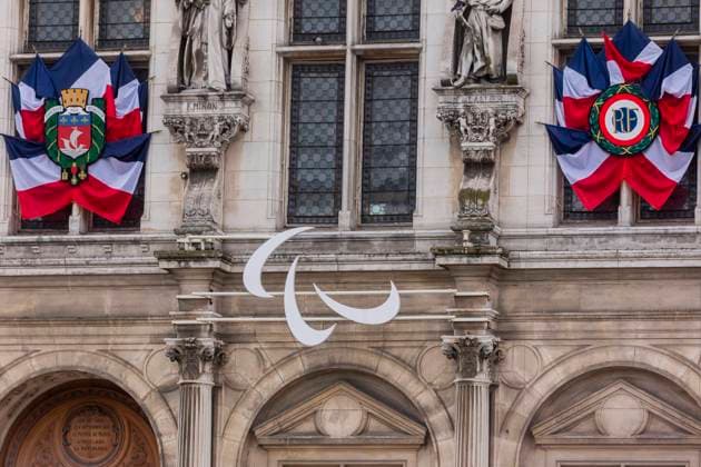 View Of Paris 2024 Olympic Games, Olympische Spiele, Olympia, OS Logo Vincent Isore IP3 ; Paris, France May 4, 2024 - The Paralympics games logo decorates the facade of the Hotel De Ville. The Paris 2024 Olympic Games will be held from July 26 to August 11, 2024, for 16 days. PARIS 2024, JEUX OLYMPIQUES, ILLUSTRATION, LOGO, GENERIQUE, PREPARATION, DECORATION, FACADE DE L HOTEL DE VILLE, JEUX PARALYMPIQUES Paris France Copyright: xIP3xPRESS MAXPPPxVincentxIsorex IP3VISO24050421 IP3VISO24050421