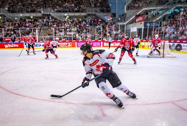 Ice hockey, Eishockey - AUT vs CAN, test match VIENNA,AUSTRIA,05.MAY.24 - ICE HOCKEY - OEEHV international test match, men, Austria vs Canada. Image shows Dylan Cozens (CAN).  GEPAxpictures xEdgarxEisner