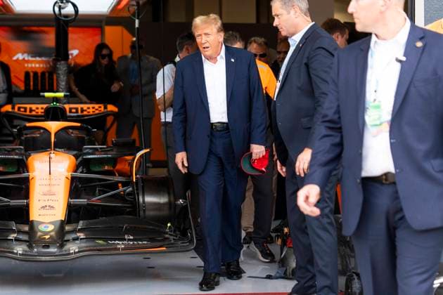 Former U.S. President Donald Trump visits the garage of McLaren F1 Team during the Formula One Miami Grand Prix at the Miami International Autodrome in Miami Gardens, Florida on Sunday, May 5, 2024  MIA20240505418 GREGxNASH