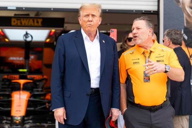 Former U.S. President Donald Trump visits the garage of McLaren F1 Team with team principal Zak Brown during the Formula One Miami Grand Prix at the Miami International Autodrome in Miami Gardens, Florida on Sunday, May 5, 2024  MIA20240505420 GREGxNASH
