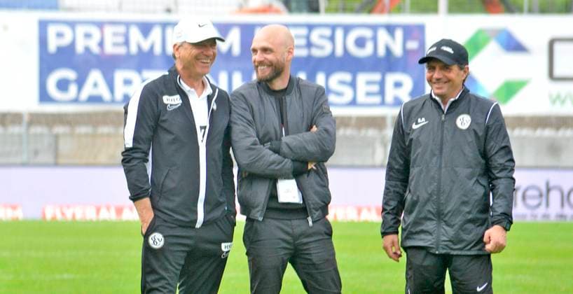 05 05 2024, xmohx, Soccer 2 Bundesliga, SV Elversberg Hertha BSC Berlin emspor, f l Coach Horst Steffen and Sporting Director Nils Ole Book Elversberg , Goalkeeper Coach Sascha Purket Elversberg, right DFL DFB REGULATIONS PROHIBIT ANY USE OF PHOTOGRAPHS as IMAGE SEQUENCES and or QUASI VIDEO Elversberg