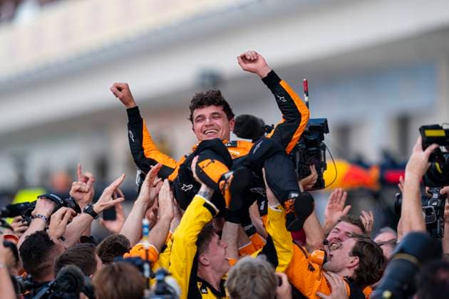 May 5, 2024, Miami, United States: British driver LANDO NORRIS (McLaren F1 Team) celebrates after winning the 2024 FIA Formula 1 Miami Grand Prix at Miami International Autodrome in Miami, United States. Miami United States - ZUMAg147 20240505_fap_g147_006 Copyright: xJamesxGasperottix