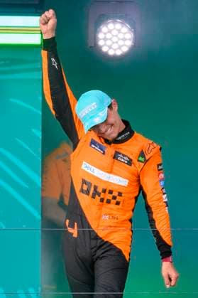 5th May 2024; Miami International Autodrome, Miami, Florida, USA; Formula 1 Crypto.com Miami Grand Prix 2024; Race Day; McLaren driver Lando Norris of the United Kingdom celebrates on the podium after finishing in first place.  ActionPlus12639297 DouglasxMurray