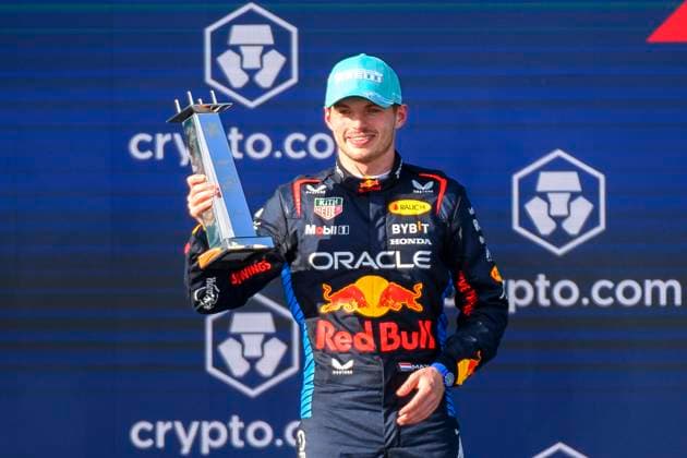 5th May 2024; Miami International Autodrome, Miami, Florida, USA; Formula 1 Crypto.com Miami Grand Prix 2024; Race Day; Oracle Red Bull Racing driver Max Verstappen of the Netherlands celebrates on the podium after finishing in second place.  ActionPlus12639302 DouglasxMurray