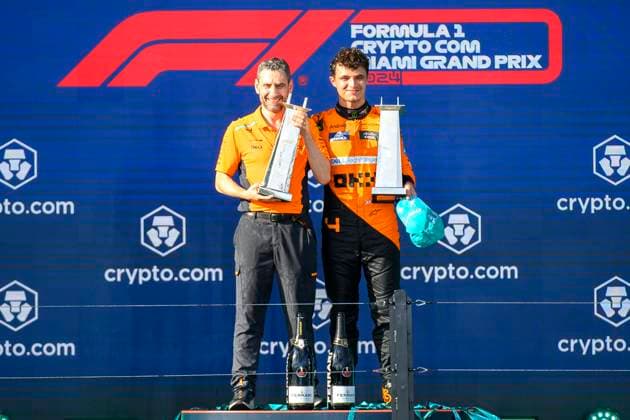 5th May 2024; Miami International Autodrome, Miami, Florida, USA; Formula 1 Crypto.com Miami Grand Prix 2024; Race Day; McLaren team principal Andrea Stella and McLaren driver Lando Norris of the United Kingdom hold their trophies as they celebrate on the podium.  ActionPlus12639317 DouglasxMurray