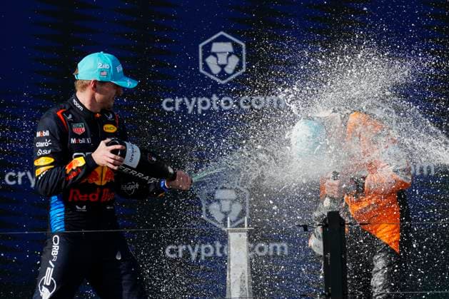 May 5, 2024, Miami, Florida, USA: Oracle Red Bull Racing driver Max Verstappen (NED) sprays champagne on McLaren F1 Team, Lando Norris (GBR) on the podium the Formula 1 Crypto.com Miami Grand Prix in Miami, Florida. Norris won the race. Verstappen finished second. Miami USA - ZUMAd212 20240505_zsp_d212_013 Copyright: xRichardxDolex