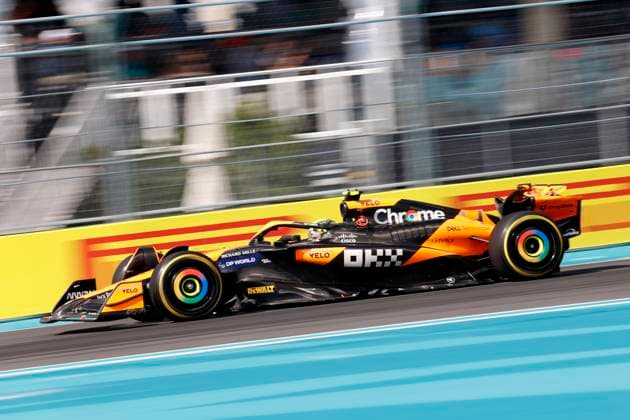 MIAMI GARDENS, FL - MAY 05: McLaren Formula 1 Team driver Lando Norris 4 of United Kingdom enters turn 5 during the running of the F1 Crypto.com Miami Grand Prix on May 5, 2024 at Miami International Autodrome in Miami Gardens, FL. (Photo by Jeff Robinson Icon Sportswire) AUTO: MAY 05 F1 Crypto.com Miami Grand Prix EDITORIAL USE ONLY Icon24050515811
