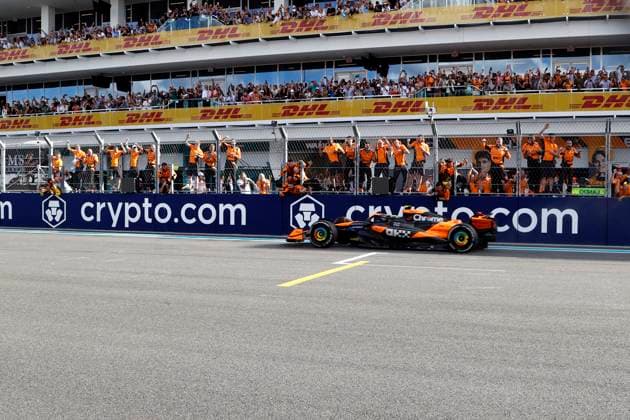 MIAMI GARDENS, FL - MAY 05: The crew of McLaren Formula 1 Team driver Lando Norris 4 of United Kingdom celebrates after the running of the F1 Crypto.com Miami Grand Prix on May 5, 2024 at Miami International Autodrome in Miami Gardens, FL. (Photo by Jeff Robinson Icon Sportswire) AUTO: MAY 05 F1 Crypto.com Miami Grand Prix EDITORIAL USE ONLY Icon24050521851