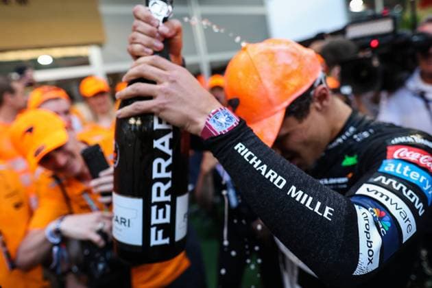 NORRIS Lando (gbr), McLaren F1 Team MCL38, portrait first win celebration during the Formula 1 Crypto.com Miami Grand Prix 2024, 6th round of the 2024 Formula One World Championship, WM, Weltmeisterschaft from May 3 to 5, 2024 on the Miami International Autodrome, in Miami, United States of America - F1 - MIAMI GRAND PRIX 2024 DPPI Panoramic  240506_R06_MIAMI_DP_AV6_1242
