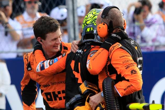 MIAMI GARDENS, FL - MAY 05: McLaren Formula 1 Team driver Lando Norris 4 of United Kingdom reacts with his crew after winning the F1 Crypto.com Miami Grand Prix on May 5, 2024 at Miami International Autodrome in Miami Gardens, FL. (Photo by Jeff Robinson Icon Sportswire) AUTO: MAY 05 F1 Crypto.com Miami Grand Prix EDITORIAL USE ONLY Icon24050530411