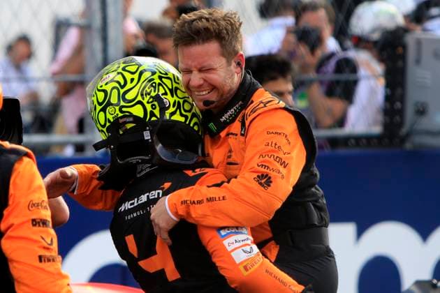 MIAMI GARDENS, FL - MAY 05: McLaren Formula 1 Team driver Lando Norris 4 of United Kingdom reacts with his crew after winning the F1 Crypto.com Miami Grand Prix on May 5, 2024 at Miami International Autodrome in Miami Gardens, FL. (Photo by Jeff Robinson Icon Sportswire) AUTO: MAY 05 F1 Crypto.com Miami Grand Prix EDITORIAL USE ONLY Icon24050530531