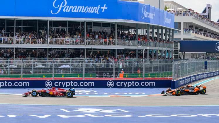 5th May 2024; Miami International Autodrome, Miami, Florida, USA; Formula 1 Crypto.com Miami Grand Prix 2024; Race Day; Charles Leclerc of Monaco driving the number 16 Scuderia Ferrari leads Oscar Piastri of Australia driving the number 81 McLaren on the track.  ActionPlus12639342 DouglasxMurray