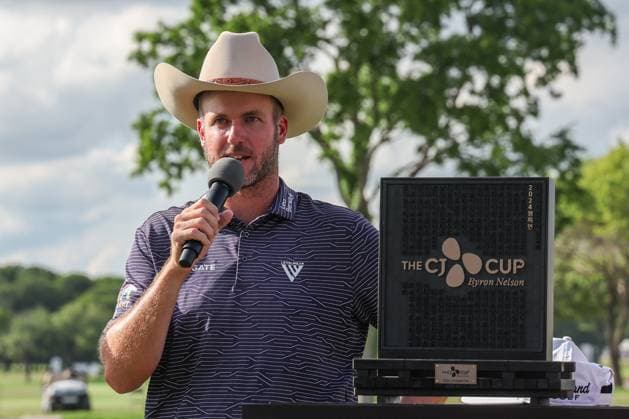 MCKINNEY, TX - MAY 05: Taylor Pendrith (CAN) stands with the CJ CUP trophy after winning the PGA, Golf Herren CJ CUP Byron Nelson on May 5, 2024, at TPC Craig Ranch in McKinney, TX. (Photo by David Buono Icon Sportswire) GOLF: MAY 05 PGA CJ CUP Byron Nelson EDITORIAL USE ONLY Icon240505005