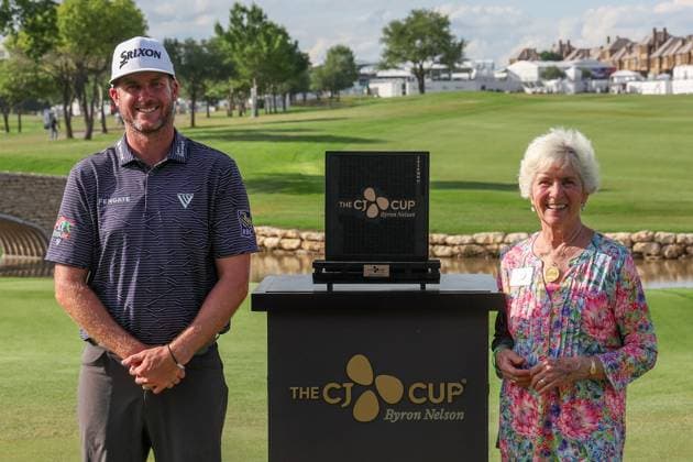 MCKINNEY, TX - MAY 05: Taylor Pendrith (CAN) stands along side the CJ CUP trophy and Peggy Nelson after winning the PGA, Golf Herren CJ CUP Byron Nelson on May 5, 2024, at TPC Craig Ranch in McKinney, TX. (Photo by David Buono Icon Sportswire) GOLF: MAY 05 PGA CJ CUP Byron Nelson EDITORIAL USE ONLY Icon240505011