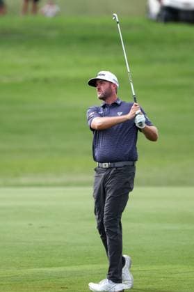 MCKINNEY, TX - MAY 05: Taylor Pendrith (CAN) watches his second shot on the par 5 18th hole land on the back edge of the green during the final round of the PGA, Golf Herren CJ CUP Byron Nelson on May 5, 2024, at TPC Craig Ranch in McKinney, TX. (Photo by David Buono Icon Sportswire) GOLF: MAY 05 PGA CJ CUP Byron Nelson EDITORIAL USE ONLY Icon240505049