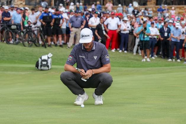 MCKINNEY, TX - MAY 05: Taylor Pendrith (CAN) lines up a birdie putt on the 18th green during the final round of the PGA, Golf Herren CJ CUP Byron Nelson on May 5, 2024, at TPC Craig Ranch in McKinney, TX. (Photo by David Buono Icon Sportswire) GOLF: MAY 05 PGA CJ CUP Byron Nelson EDITORIAL USE ONLY Icon240505059