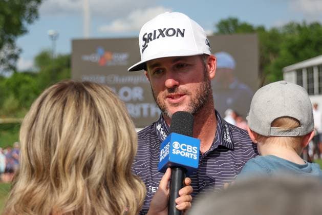 MCKINNEY, TX - MAY 05: Taylor Pendrith (CAN) holds his son while being interviewed by Amanda Balionis after winning the PGA, Golf Herren CJ CUP Byron Nelson on May 5, 2024, at TPC Craig Ranch in McKinney, TX. (Photo by David Buono Icon Sportswire) GOLF: MAY 05 PGA CJ CUP Byron Nelson EDITORIAL USE ONLY Icon240505072
