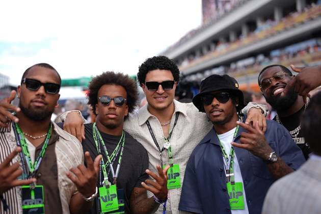 Formula 1 Crypto com Miami Grand Prix 05 05 2024, Miami International Autodrome, Miami, Formula 1 Crypto com Miami Grand Prix,pictured Miami Dolphins football players Terron Armstead, Jalen Ramsey, Jaelan Phillips, Jevon Holland, Bradley Chubb nordphotoxGmbHx xBratic nph00250