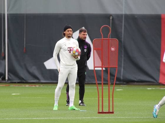 Munich, Germany 07 May 2024 Football, Men, Season 2023 2024, FC Bayern Munich, Säbener Strasse, Training ground, Final training, Champions League Leroy Sane FC Bayern Munich standing with a ball in his hand