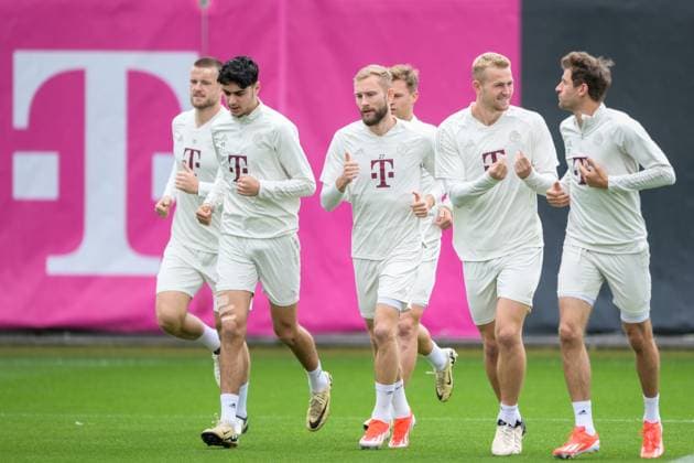 Soccer, Champions League, 20240507, Final training, Real Madrid FC Bayern Munich In the picture Eric DIER FC Bayern Munich, 15 , Aleksandar PAVLOVIC FC Bayern Munich, 45 , Konrad LAIMER FC Bayern Munich, 27 , Joshua KIMMICH FC Bayern Munich, 6 , Matthijs DE LIGT FC Bayern Munich, 4 and Thomas MÜLLER FC Bayern Munich, 25 Munich Training ground Säbener Str 51 Bayern Germany Copyright: Passion2Press MarkusxFischerx