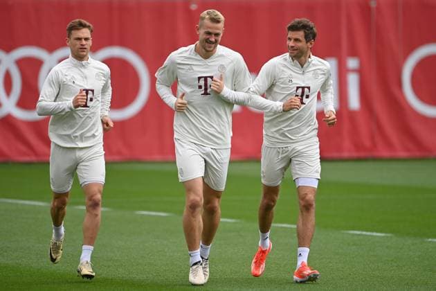 from right Thomas MUELLER MÜLLER,Bayern Muenchen , Matthijs DE LIGT Bayern Muenchen , Joshua KIMMICH Bayern Muenchen , final training on 07 05 2024 before the football Champions League semi-final Real Madrid FC Bayern Muenchen on 08 05 2024