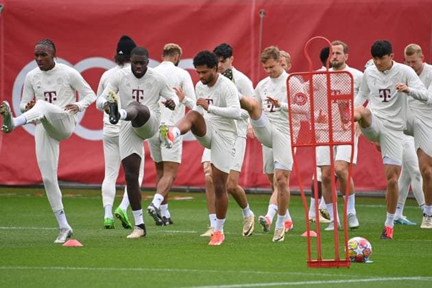 from left Mathys TEL FCB , Dayot UPAMECANO Bayern Muenchen , Serge GNABRY FC Bayern Muenchen , Joshua KIMMICH Bayern Muenchen , Harry KANE Bayern Muenchen , Minjae KIM FC Bayern Muenchen final training on 07 05 2024 before the football Champions League semi-final Real Madrid FC Bayern Muenchen on 08 05 2024