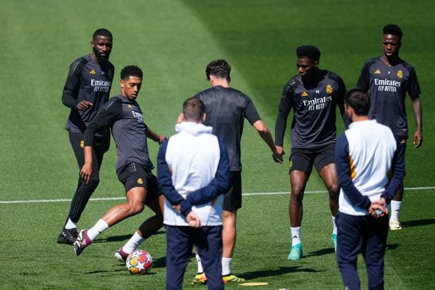 May 7, 2024, Valdebebas, Madrid, SPAIN: Jude Bellingham during the training day of Real Madrid prior the UEFA Champions League, Semi Final round 2, football match to play against FC Bayern Munich at Ciudad Deportiva Real Madrid on May 07, 2024 in Valdebebas, Madrid, Spain. Valdebebas SPAIN - ZUMAa181 20240507_zaa_a181_014 Copyright: xOscarxJ.xBarrosox