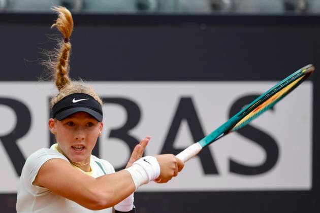 May 7, 2024, Rome, ITALY: Mirra Andreeva of Russia in action against Paula Badosa of Spain during their first round match at the at the Italian Open tennis tournament in Rome, Italy, 07 May 2024. ANSA FABIO FRUSTACI Italian Open tennis tournament  - ZUMAa110 20240507_zaf_a110_012 Copyright: xFabioxFrustacix