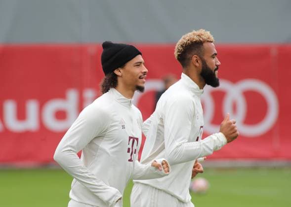 Munich, Germany 07 May 2024 Football, Men, Season 2023 2024, FC Bayern Munich, Säbener Strasse, Training ground, Final training, Champions League Leroy Sane FC Bayern Munich left with Eric Maxim Choupo Moting FC Bayern Munich right while running