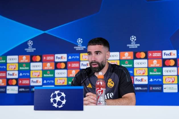 May 7, 2024, Valdebebas, Madrid, SPAIN: Daniel Carvajal attends his press conference, PK, Pressekonferenz during the training day of Real Madrid prior the UEFA Champions League, Semi Final round 2, football match to play against FC Bayern Munich at Ciudad Deportiva Real Madrid on May 07, 2024 in Valdebebas, Madrid, Spain. Valdebebas SPAIN - ZUMAa181 20240507_zaa_a181_050 Copyright: xOscarxJ.xBarrosox