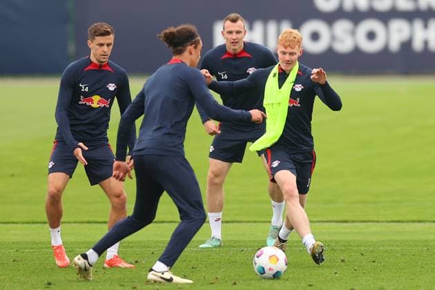 RB Leipzig Training 1 Bundesliga Leipzig, 07 05 2024, Training center at Cottaweg, Season 2023 2024, Football, Men, 1 Bundesliga , RB Leipzig Training , In the picture from l Christoph Baumgartner, Yussuf Poulsen, Lukas Klostermann and Nicolas Seiwald ,
