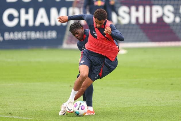 RB Leipzig Training 1 Bundesliga Leipzig, 07 05 2024, Training center at Cottaweg, Season 2023 2024, Football, Men, 1 Bundesliga , RB Leipzig Training , In the picture from l Yannick Eduardo and Castello Lukeba ,