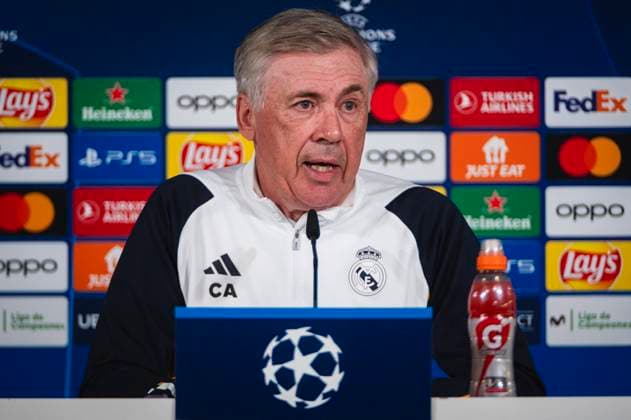 Uefa Champions League 2024: Real Madrid Real Madrid Training Session and press conference, PK, Pressekonferenz MADRID, SPAIN - MAY 7: Carlo Ancelotti, coach of Real Madrid, speaks during Real Madrid Training Session and Press Conference ahead of their UEFA Champions League semi-final second leg match against FC Bayern Munchen at Ciudad Real Madrid on May 7, 2024 in Valdebebas, Spain. Valdebebas Ciudad Real Madrid Madrid Spain Copyright: xAlbertoxGardinx AGardin_20240507_football_Champions_League_Real_Madrid_Press_Conference_297