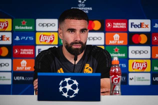 Uefa Champions League 2024: Real Madrid Real Madrid Training Session and press conference, PK, Pressekonferenz MADRID, SPAIN - MAY 7: Daniel Carvajal of Real Madrid speaks during Real Madrid Training Session and Press Conference ahead of their UEFA Champions League semi-final second leg match against FC Bayern Munchen at Ciudad Real Madrid on May 7, 2024 in Valdebebas, Spain. Valdebebas Ciudad Real Madrid Madrid Spain Copyright: xAlbertoxGardinx AGardin_20240507_football_Champions_League_Real_Madrid_Press_Conference_314