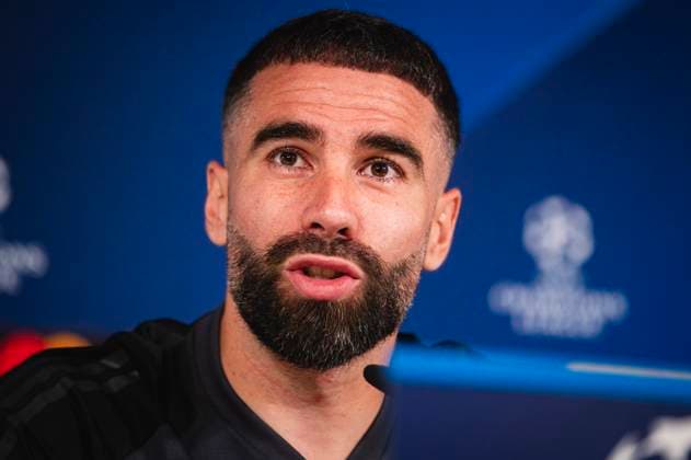 Uefa Champions League 2024: Real Madrid Real Madrid Training Session and press conference, PK, Pressekonferenz MADRID, SPAIN - MAY 7: Daniel Carvajal of Real Madrid speaks during Real Madrid Training Session and Press Conference ahead of their UEFA Champions League semi-final second leg match against FC Bayern Munchen at Ciudad Real Madrid on May 7, 2024 in Valdebebas, Spain. Valdebebas Ciudad Real Madrid Madrid Spain Copyright: xAlbertoxGardinx AGardin_20240507_football_Champions_League_Real_Madrid_Press_Conference_321
