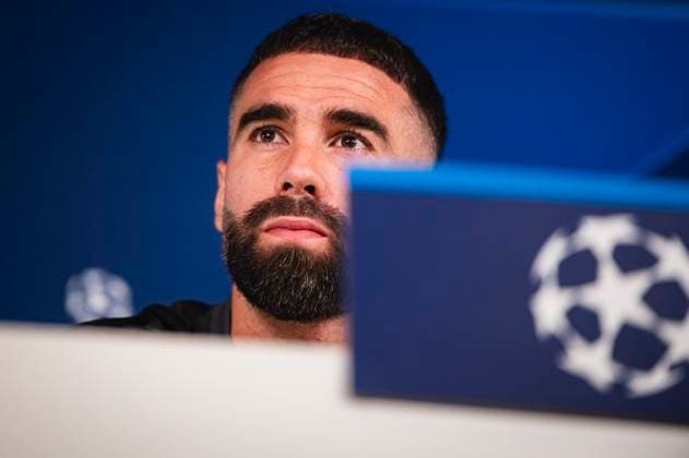 Uefa Champions League 2024: Real Madrid Real Madrid Training Session and press conference, PK, Pressekonferenz MADRID, SPAIN - MAY 7: Daniel Carvajal of Real Madrid speaks during Real Madrid Training Session and Press Conference ahead of their UEFA Champions League semi-final second leg match against FC Bayern Munchen at Ciudad Real Madrid on May 7, 2024 in Valdebebas, Spain. Valdebebas Ciudad Real Madrid Madrid Spain Copyright: xAlbertoxGardinx AGardin_20240507_football_Champions_League_Real_Madrid_Press_Conference_324