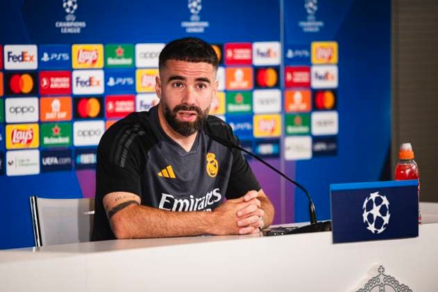 Uefa Champions League 2024: Real Madrid Real Madrid Training Session and press conference, PK, Pressekonferenz MADRID, SPAIN - MAY 7: Daniel Carvajal of Real Madrid speaks during Real Madrid Training Session and Press Conference ahead of their UEFA Champions League semi-final second leg match against FC Bayern Munchen at Ciudad Real Madrid on May 7, 2024 in Valdebebas, Spain. Valdebebas Ciudad Real Madrid Madrid Spain Copyright: xAlbertoxGardinx AGardin_20240507_football_Champions_League_Real_Madrid_Press_Conference_329