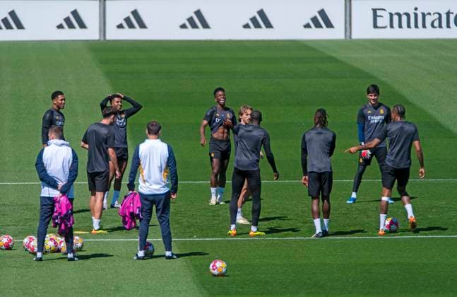 07 05 2024, Football UEFA Champions League 2023 2024 1 day before the semi-final, Real Madrid FC Bayern Munich, Real Madrid training session at Reals training ground with Jude Bellingham Real Madrid , Rodrygo Real Madrid , Vinicius Junior Real Madrid , Luka Modric Real Madrid ,