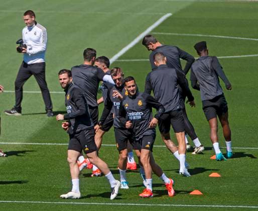 07 05 2024, Football UEFA Champions League 2023 2024 1 day before the semi-final, Real Madrid FC Bayern Munich, Real Madrid training session at the Real training ground Lucas Vazquez right, Real Madrid Toni Kroos center, Real Madrid