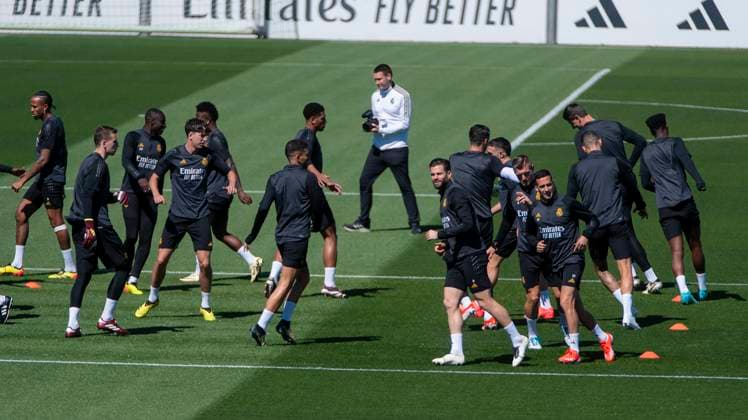 07 05 2024, Football UEFA Champions League 2023 2024 1 day before the semi-final, Real Madrid FC Bayern Munich, Training session Real Madrid at the training ground of Real Lucas Vazquez Real Madrid , Eder Militao Real Madrid , Toni Kroos Real Madrid
