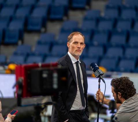 07 05 2024, Football UEFA Champions League 2023 2024 1 day before the semi-final, Real Madrid FC Bayern Munich, Arrival of FC Bayern team at Santiago Bernabeu stadium Madrid Coach Thomas Tuchel FC Bayern Munich during interview
