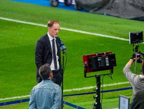07 05 2024, Football UEFA Champions League 2023 2024 1 day before the semi-final, Real Madrid FC Bayern Munich, Arrival of FC Bayern team at Santiago Bernabeu stadium Madrid Coach Thomas Tuchel FC Bayern Munich during interview