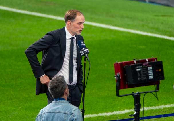 07 05 2024, Football UEFA Champions League 2023 2024 1 day before the semi-final, Real Madrid FC Bayern Munich, Arrival of FC Bayern team at Santiago Bernabeu stadium Madrid Coach Thomas Tuchel FC Bayern Munich during interview