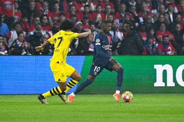 Ousmane DEMBELE ( 10 - PSG ) and Karim Adeyemi ( 27 - Borussia Dortmund ) during the UEFA Champions League match between Paris Saint Germain and Borussia Dortmund at Parc Des Princes on May 07, 2024 in Paris, France. ( Photo by federico pestellini panoramic ) - FOOTBALL : PSG vs Borussia Dortmund - Ligue des Champions - 07 05 2024 FedericoPestellini Panoramic 