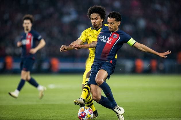 UEFA Champions League FC Paris Saint Germain Borussia Dortmund 07 05 2024 duel Karim Adeyemi Borussia Dortmund, 27 , Marquinhos FC Paris Saint Germain, 5 UEFA Champions League FC Paris Saint Germain Borussia Dortmund , Paris, Parc des Princes Copyright: xBEAUTIFULxSPORTS Wunderlx