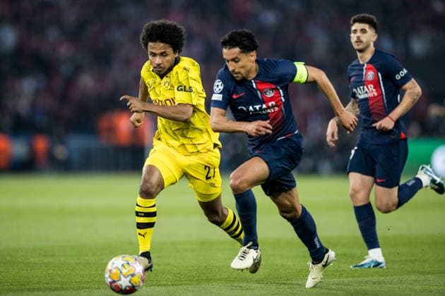 UEFA Champions League FC Paris Saint Germain Borussia Dortmund 07 05 2024 duel Karim Adeyemi Borussia Dortmund, 27 , Marquinhos FC Paris Saint Germain, 5 UEFA Champions League FC Paris Saint Germain Borussia Dortmund , Paris, Parc des Princes Copyright: xBEAUTIFULxSPORTS Wunderlx