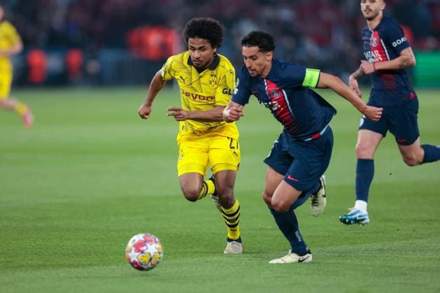 07 05 2024, Football, Season 2023 2024, UEFA Champions League, Semi-final, Paris Saint Germain Borussia Dortmund, v l Karim Adeyemi Borussia Dortmund , Marquinhos Paris Saint Germain in duel, Paris Parc de Princes Paris France xRHR PHOTO DEx Copyright: DennisxEwert RHR-FOTOx RHR-FOTO DE