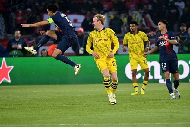 07 05 2024, xjrdrx, Football UEFA Champions League, Paris St Germain Borussia Dortmund emspor, v l Marius Wolf Borussia Dortmund Marquinhos PSG Paris St Germain duel, action, action, battle for the ball DFL DFB REGULATIONS PROHIBIT ANY USE OF PHOTOGRAPHS as IMAGE SEQUENCES and or QUASI VIDEO Paris