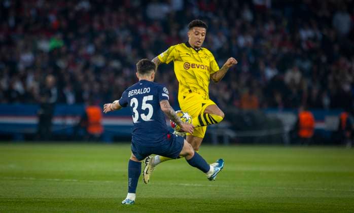 Paris, France 7th May 2024 Jadon Sancho BVB Lucas Beraldo Paris Paris Saint Germain Borussia Dortmund 07 05 2024