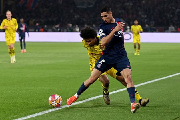 07 05 2024, xjrdrx, Football UEFA Champions League, Paris St Germain Borussia Dortmund emspor, v l Karim Adeyemi Borussia Dortmund Achraf Hakimi PSG Paris St Germain duel, action, action, battle for the ball DFL DFB REGULATIONS PROHIBIT ANY USE OF PHOTOGRAPHS as IMAGE SEQUENCES and or QUASI VIDEO Paris